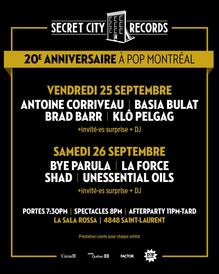 Secret City 20ème anniversaire avec Klô Pelgag + Brad Barr + Basia Bulat + Antoine Corriveau